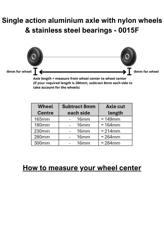 Single action aluminium axle with nylon wheels & stainless steel bearings – 0015F